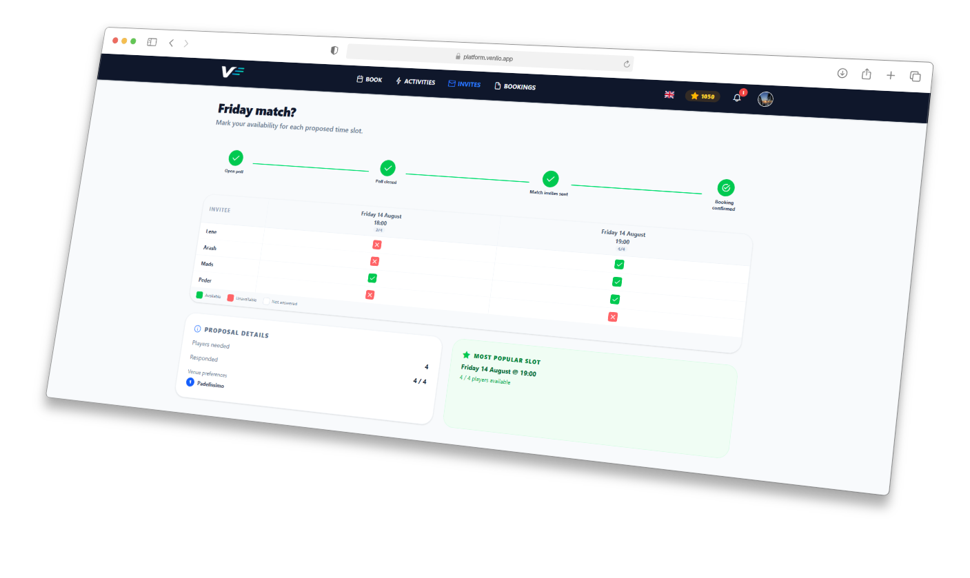 Venlio Match Invite Interface